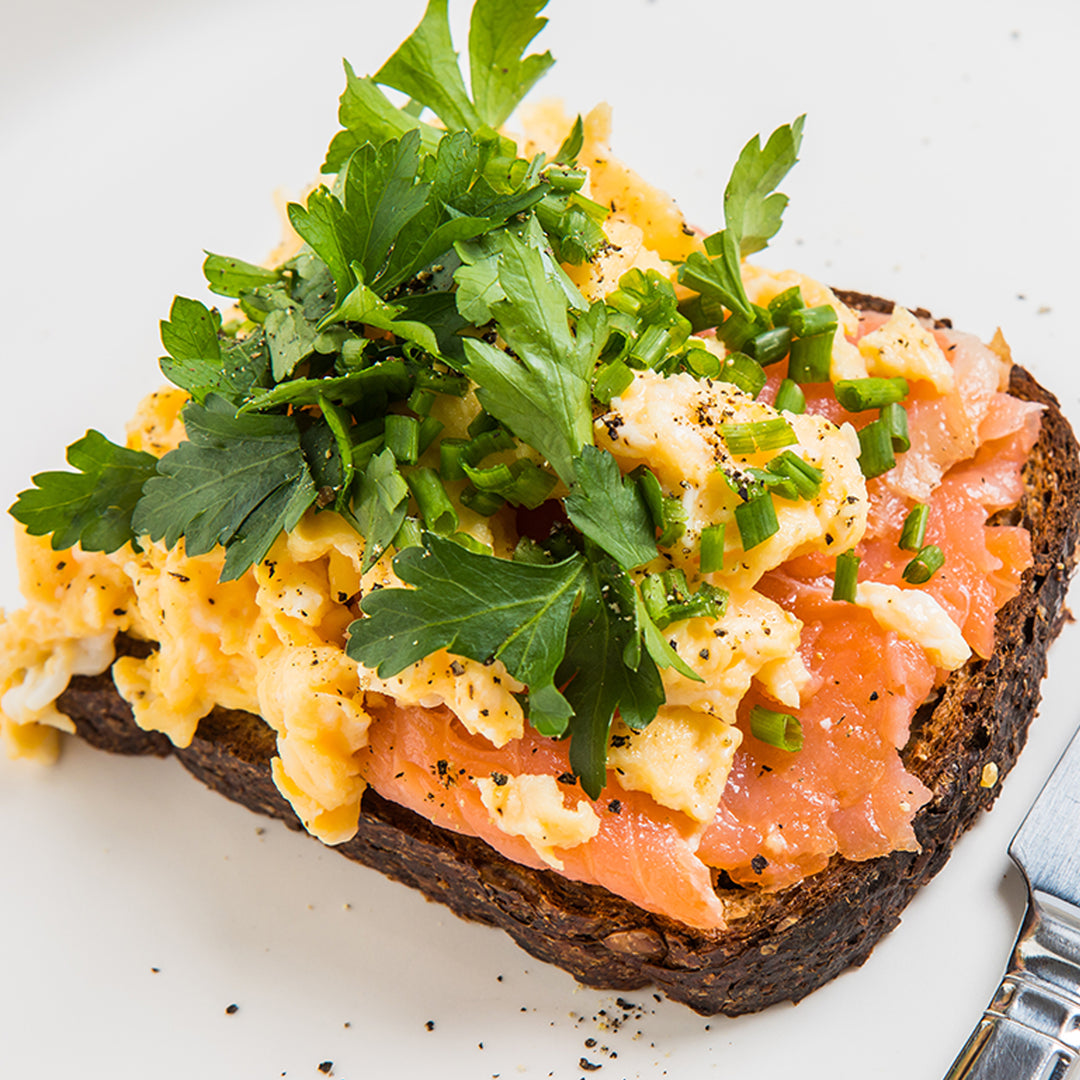 Scrambled Eggs + Smoked Salmon on Low Carb